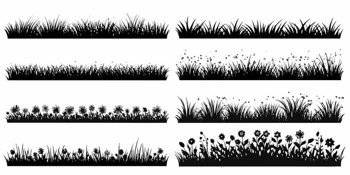 Variations of grassy borders and floral arrangements in black and white