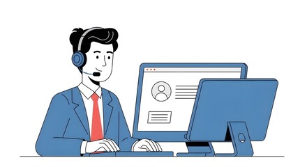 Professional Support Agent Wearing Headset at Computer Desk