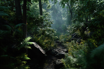 Fototapeta premium Foggy morning in the forest with rocks and ferns