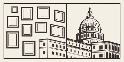 A detailed architectural drawing of a historic building with a dome and surrounding structures © jaman