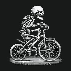 Naklejka premium Skeleton Cyclist: A Grim Ride Through the Afterlife on Two Wheels.
