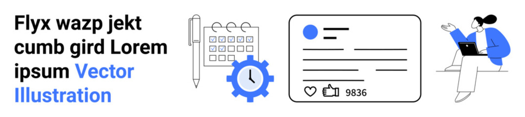 Obraz premium Social media management, productivity tools, digital profiles, online engagement, creativity, office work. Calendar, gears profile card laptop user. Social media management and productivity tools