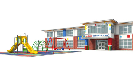 Fototapeta premium Modern school building with colorful playground equipment and swings outside the entrance Whisk_b17e789bf6.png
