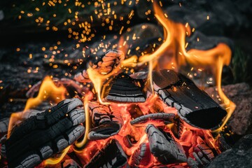 Close up of burning campfire with sparks flying and charred wood logs flames burning wood
