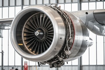Close up of large silver jet engine with black fan blades on airplane engine aircraft engine