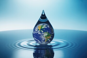 Earth inside a water droplet on rippling water surface globe reflection