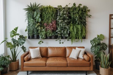 Interior living room with brown leather sofa and lush vertical garden on white wall