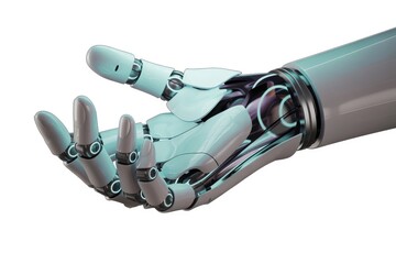 Metallic robotic hand with blue accents and silver details pointing forward metallic hand