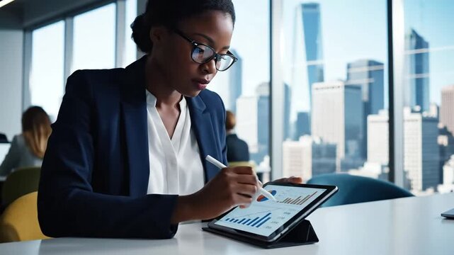 Focused businesswoman analyzes data and charts on a tablet during a modern office meeting with a blurred city skyline view in the background