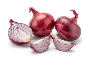 Red Onions Whole and Sliced on White Background whole onions sliced onions purple onions