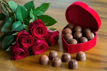 Red roses and chocolate truffles in heart shaped box on wooden table Valentine's Day