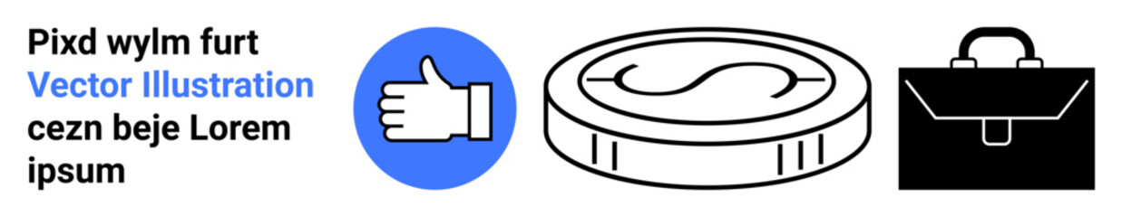 Obraz premium Finance, business growth, job market, economy, teamwork, entrepreneurship. A thumbs-up icon, coin and briefcase. Business growth and finance concepts are illustrated through symbols