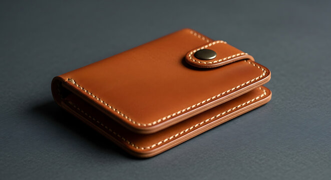 A beautifully crafted brown leather wallet with a coin pouch on a gray surface