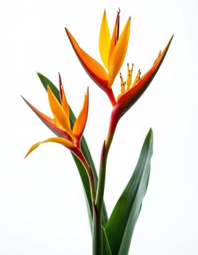 Two vibrant heliconia flowers stand tall with bright orange, yellow petals. Deep green leaves form striking contrast against clean white backdrop, highlighting their exotic beauty, tropical appeal.