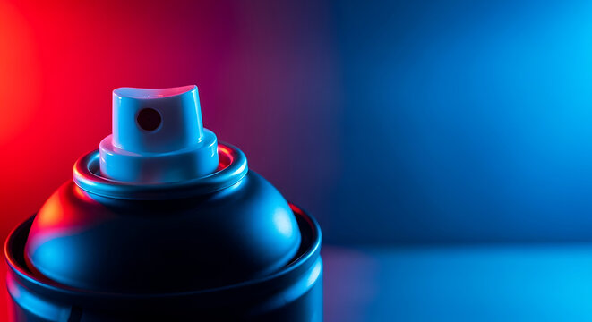 Close-up view of a black spray paint can with a blue nozzle against a gradient background