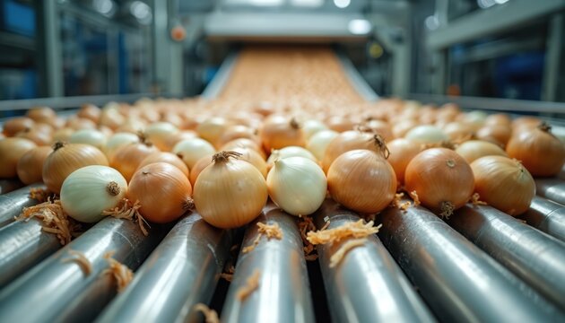 Onions move on automated conveyor belt system in large food processing plant. Mechanical sorters grade vegetables for market packaging. Industrial agriculture facility prepares produce for shipping.