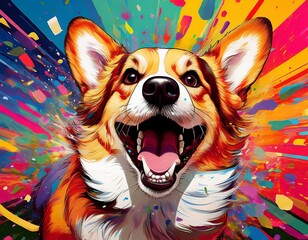 vibrant pop art explosion featuring ecstatic corgi dog with its mouth wide open amidst chaotic swirl of dynamic brushstrokes and confetti like splashes in array of bright joyful colors