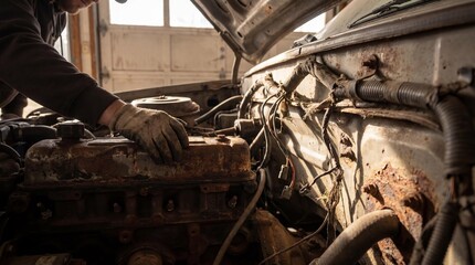 Old car engine bay with visible corrosion and electrical wiring issues