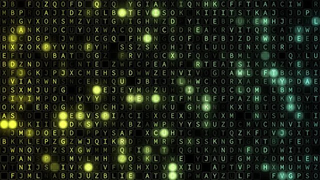 Abstract alphabet grid background animation with glowing A&ndash;Z letters in a futuristic digital style, seamless loop, ideal for technology, cybersecurity, education, language, and communication concepts