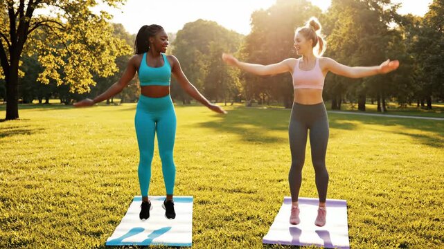 Happy diverse women doing fitness exercises in park at sunset