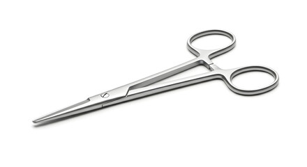 A close-up view of a stainless steel surgical instrument isolated on a plain background