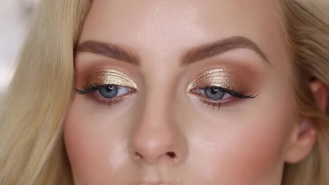 Luxurious Beauty Tutorial Details. Closeup Of Luminous Eye Makeup On Caucasian Model With Glossy Skin