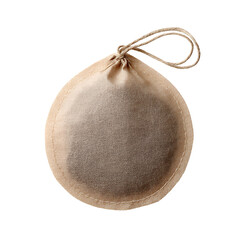 Round burlap bag filled with natural ingredients on a white background