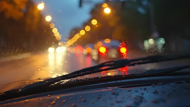 Rainy Night Drive Through City Streets with Blurred Lights.