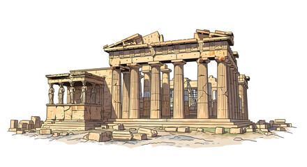 Obraz premium Ancient Greek temple ruins with crumbling columns and steps, a serene landscape illustration