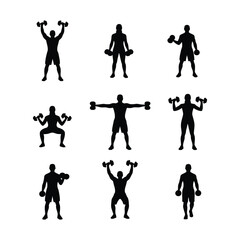Obraz premium Silhouette Exercise Poses: An artistic collection of silhouette exercise poses, ideal for illustrating fitness routines and body movements in a gym setting.