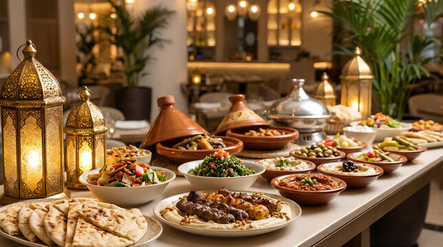 Abundant Iftar buffet with traditional Moroccan tagine, mezze, grilled meats and Arabic lanterns in a restaurant