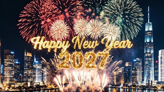 Happy New Year 2027 fireworks over vibrant city skyline at night