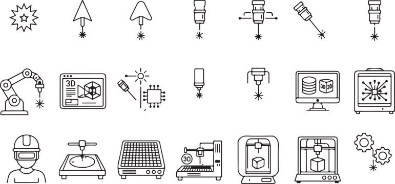 Set of 3d printing and industrial automation icons with robot arm laser printer extruder
