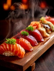 Wooden tray with a variety of sushi on it
