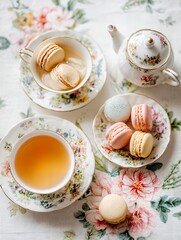 Tea set with a floral pattern is on a table with a plate of macarons