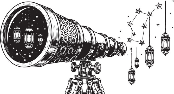 Vintage telescope, spyglass, scope for exploring starry night sky and astronomy exploration, stars and moon inside