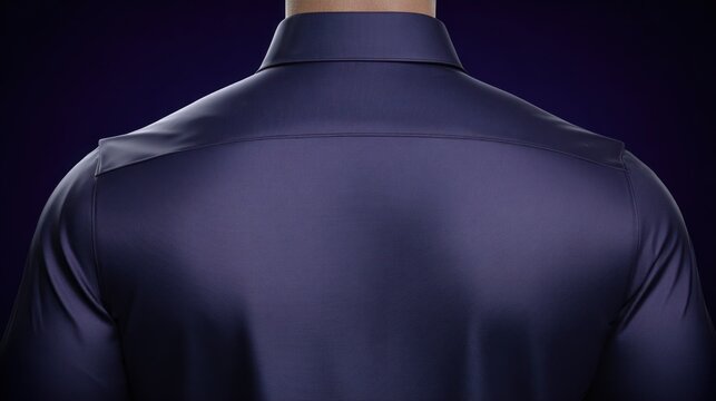 Close-up of a person's upper back wearing a navy-blue dress shirt with the collar up