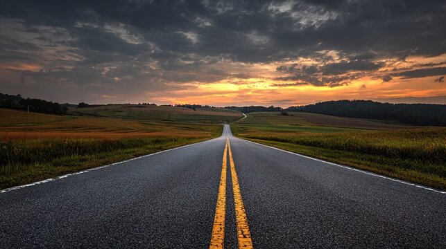 Open Road at Sunset: An endless stretch of road vanishes into the horizon, kissed by the warm embrace of the setting sun, while a sky of dramatic clouds sets the scene for a journey of a lifetime.