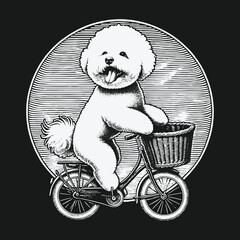 Whimsical Bichon Frise on Bicycle: A Charming Illustration.