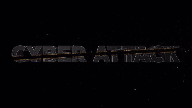 Orange crossfire streak animation slicing through &ldquo;CYBER ATTACK&rdquo; text with flying particles and glowing melt trail, transparent BG with alpha channel, overlay for cyber security and hacker themes
