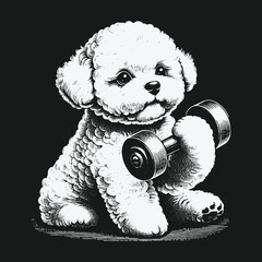 Determined Bichon Frise Puppy Lifting Weights for Fitness.