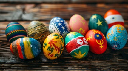 Fototapeta premium Colourful Easter eggs with original patterns and symbols on a wooden surface form a cheerful background for themed holiday posts.