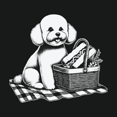 Whimsical Bichon Frise Picnic Illustration with Basket and Hotdog.