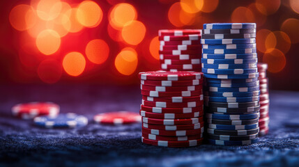 Fototapeta premium Stacks of poker chips of varying heights on a blurred background of a poker table, bokeh, casino, luxury, Las Vegas, wealth, gambling addiction, game