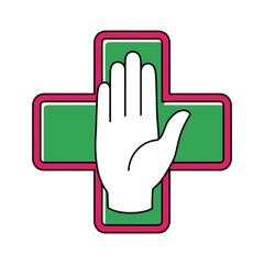 Obraz premium A white hand with fingers spread, palm forward, centered on a green cross with a pink outline, symbolizing health and protection.