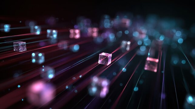 Abstract blockchain node chip linked by light beams, Futuristic abstract, violet cyan, 3D render, dark background, global network theme.