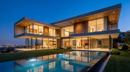 Luxurious modern two-story house at twilight with glass walls, concrete and wood design, warm interior lighting, sleek pool, and cityscape view. Elegant architecture and contemporary living