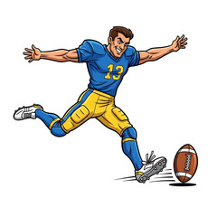 American football player kicking ball in blue and yellow uniform isolated on transparent background