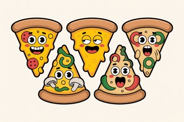 Five cartoon pizza slices with different toppings and facial expressions faces