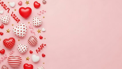 Obraz premium A pink background with various red and white hearts and ornaments on the left side.